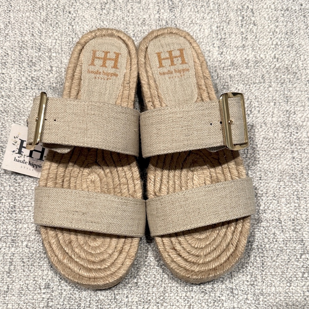 Haute Hippie Naomi Tan Jute Slides with Gold Buckle NWT